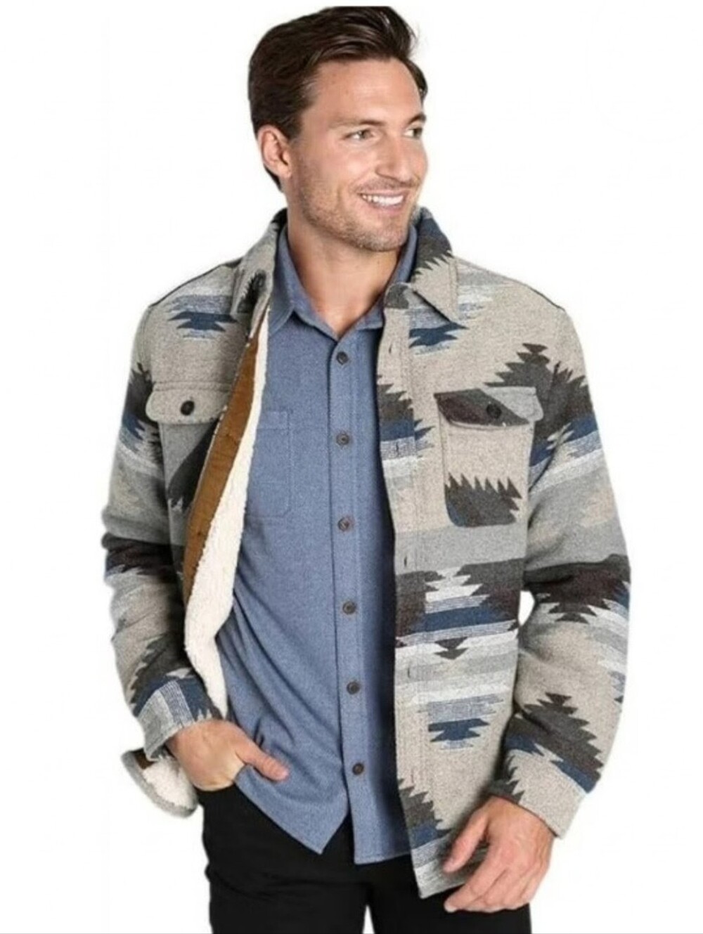 Jachs New York Wool Blend Aztec Print Sherpa Lined Fleece Shacket Jacket Large